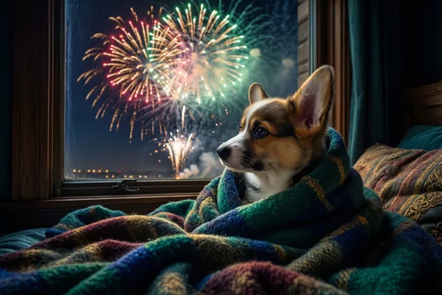Een knusse corgi viert nieuwjaar