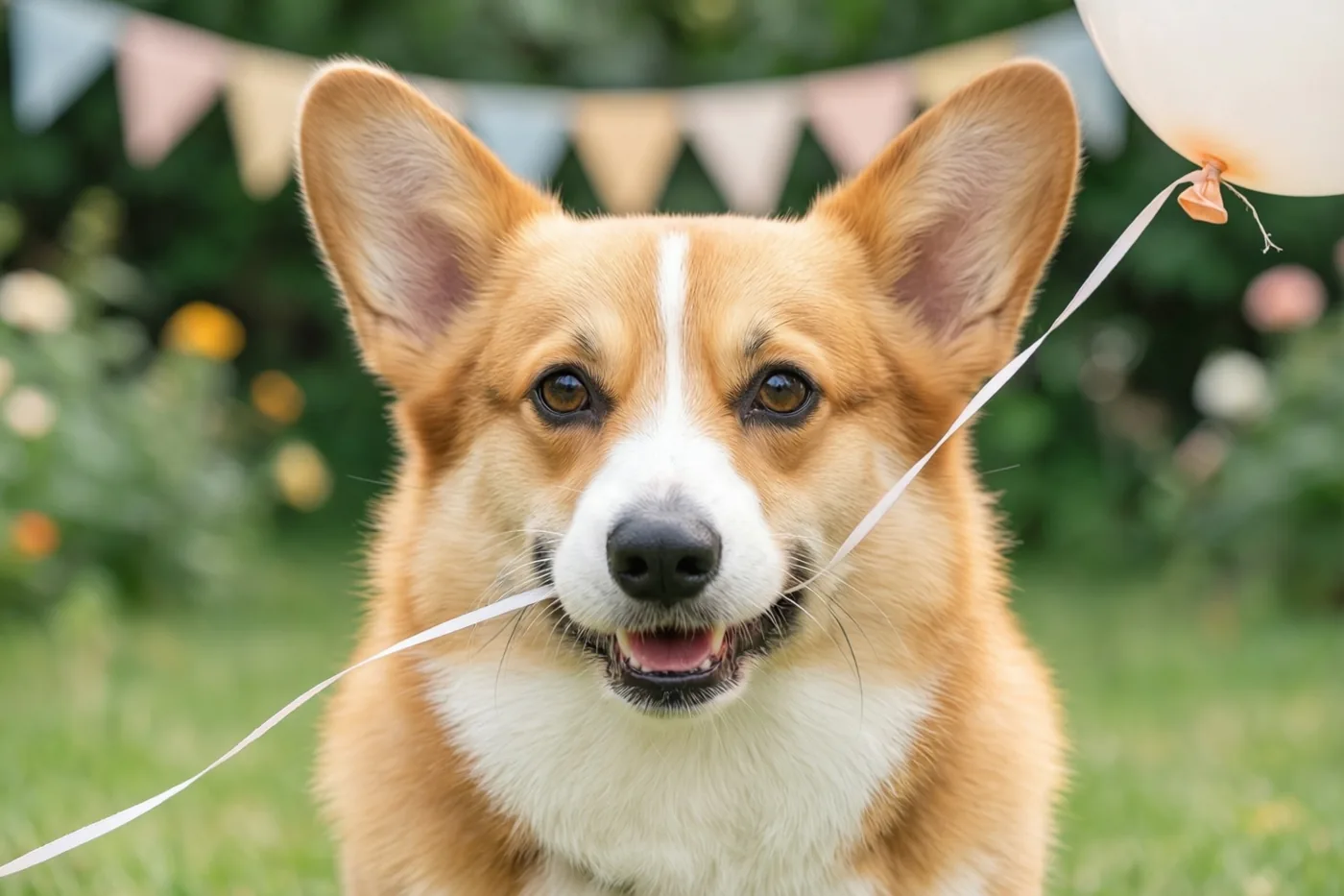 Een lichtbruin-witte corgi houdt een wit ballontouwtje in de bek in een tuin met groen gras en onscherpe pastelvlaggetjes op de achtergrond.