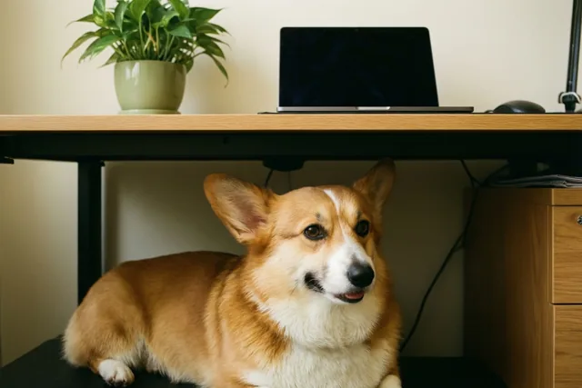 Een corgi ligt onder een houten bureau en kijkt rustig omhoog, met een groene potplant en een dichtgeklapte laptop op het bureau voor een effen muur.