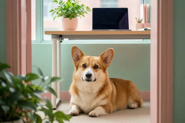 Een corgi ligt op de vloer onder een modern bureau met een laptop en een potplant, bij een raam en muren in zachte pasteltinten.