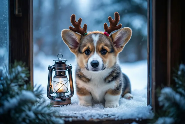 Een corgipup met een vilten gewei zit in de sneeuw naast een brandende lantaarn, omkaderd door hout en besneeuwde dennentakken.