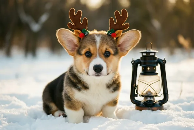 Een corgi in kerstsfeer