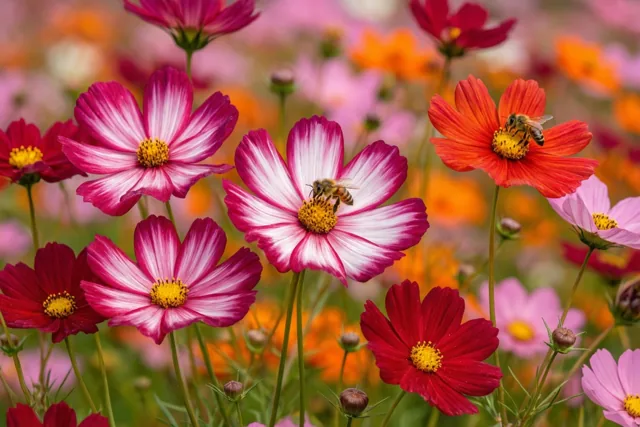 Roze en witte cosmeabloemen met bijen zijn van dichtbij te zien in een zomerse tuin met warme roze, rode en gele tinten.