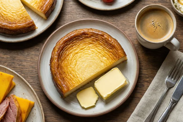 Dikke plakken crème brûlée met boter liggen op een keramisch bord naast een kop koffie op een houten tafel in warme bruin- en geeltinten.