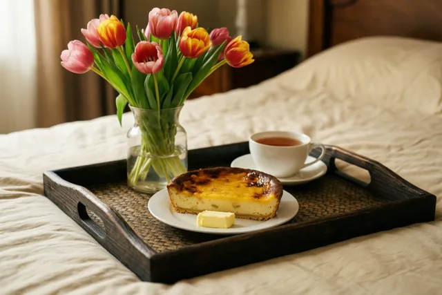 Een houten dienblad op een bed draagt een stuk crème brûlée met boter, een kop thee en een vaas met kleurrijke tulpen in een zacht verlichte slaapkamer.