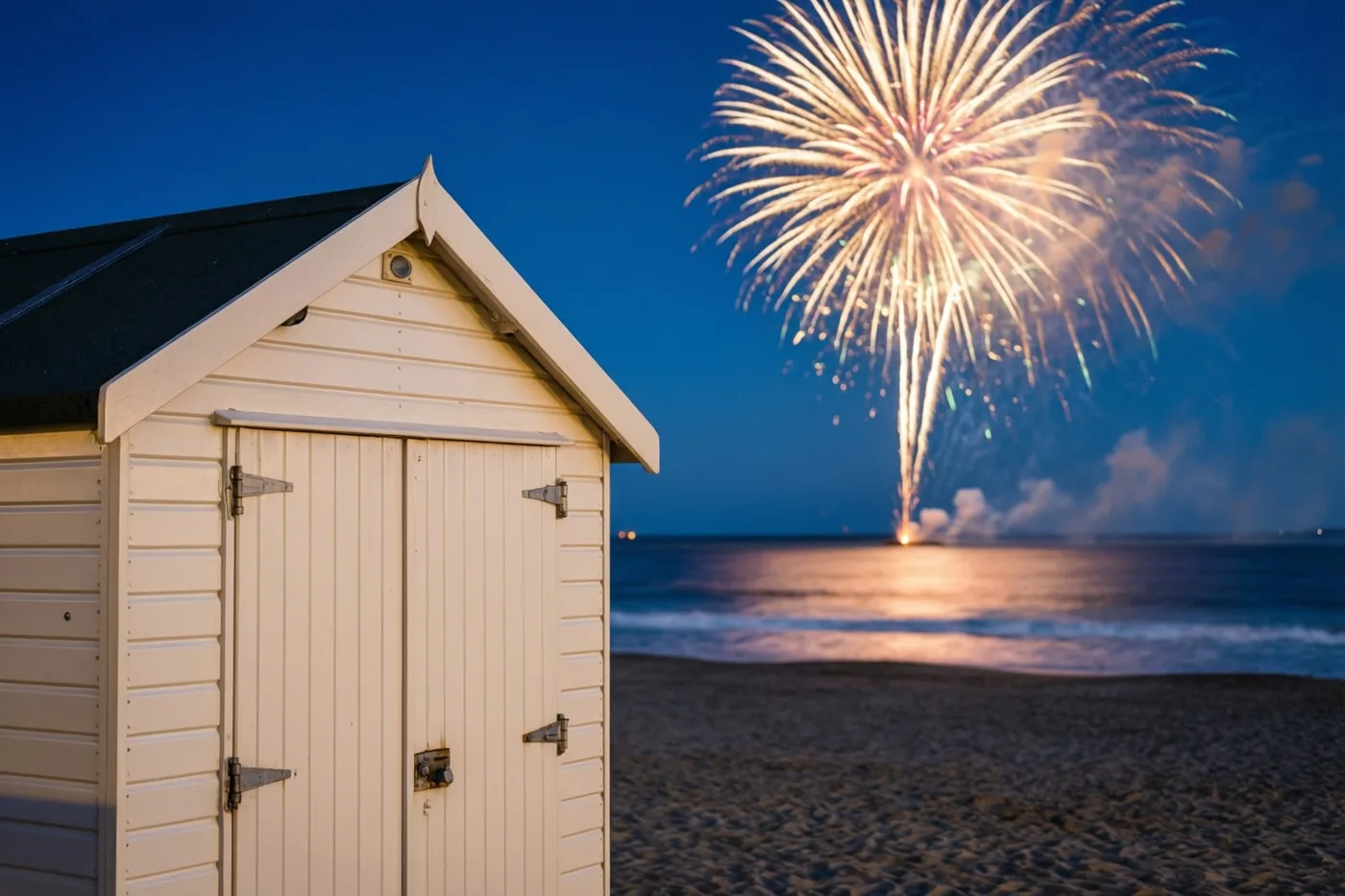 Een crèmekleurig strandhuisje staat op het zand onder een diepblauwe nachtlucht, met helder vuurwerk boven zee en een warme weerspiegeling op het water.