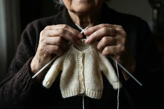 De handen van een oudere persoon breien met witte naalden een klein crèmekleurig vestje, met donkere kleding op de achtergrond in zacht binnenlicht.