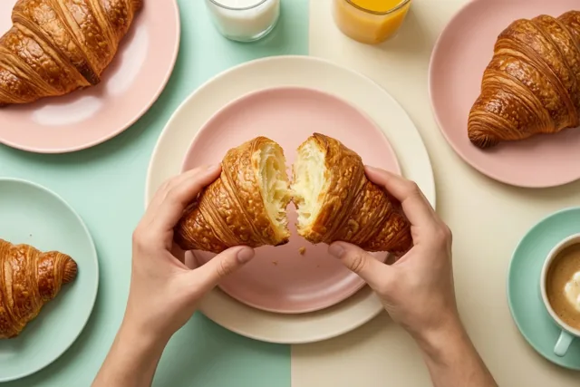 Twee handen breken een goudbruine croissant boven een roze bord op een ontbijttafel met pastelkleurige borden en drankjes.