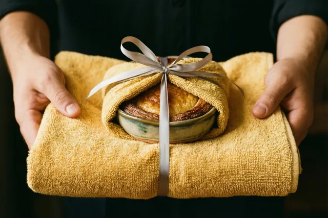 Twee handen presenteren een goudbruine croissant in een keramieken kom, verpakt in een gele keukenhanddoek met een grijs lint tegen een donkere achtergrond.