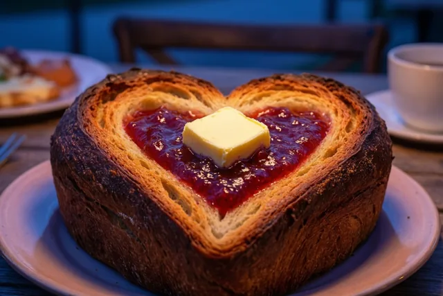 Een hartvormig croissantbrood met aardbeienconfituur en een klontje boter ligt op een bord op een ontbijttafel, met warm licht en een blauwverlichte achtergrond.