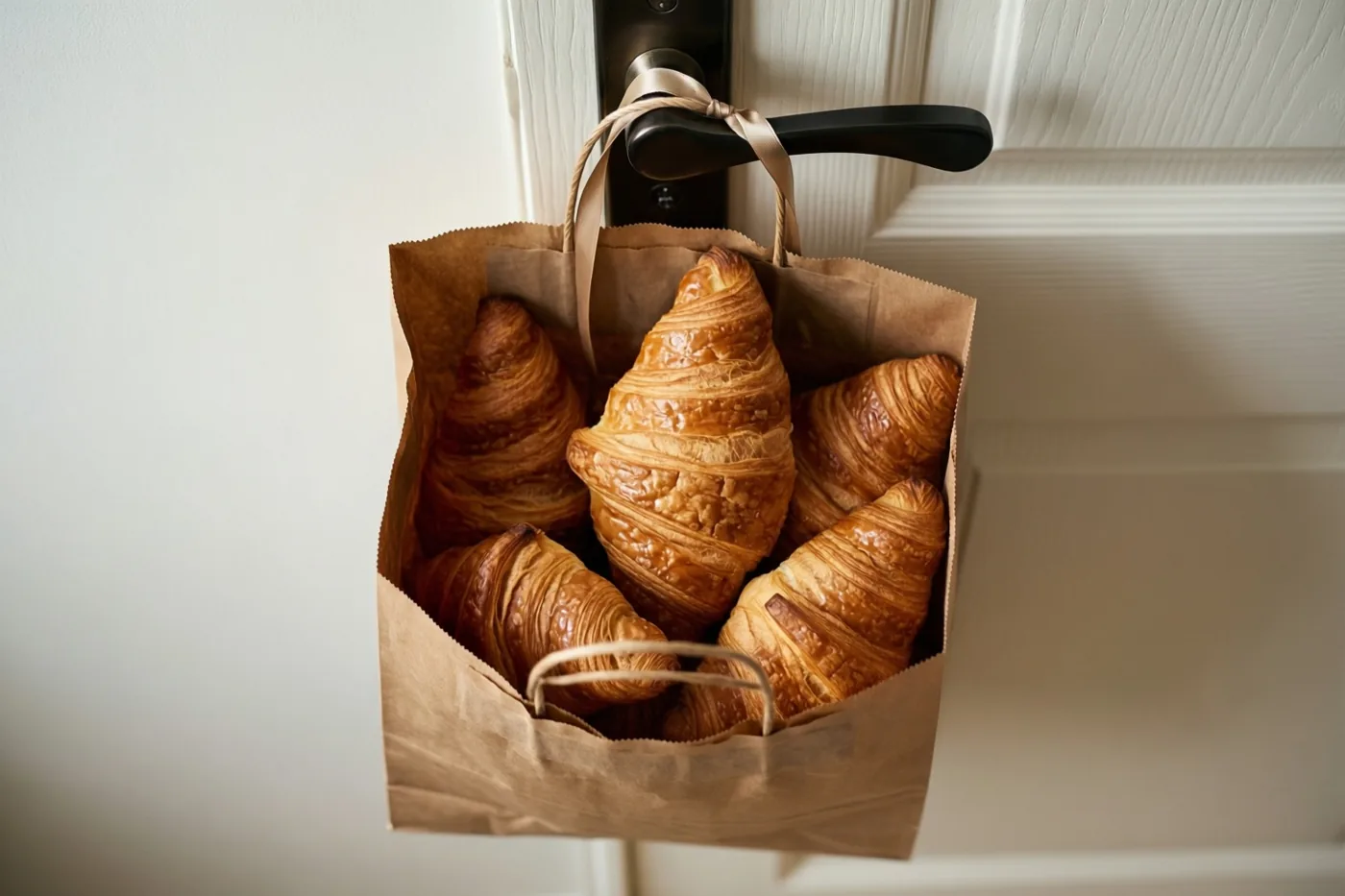 Een bruine papieren zak goudbruine croissants met een beige lint hangt aan een zwarte deurklink tegen een witte deur met verticale panelen.