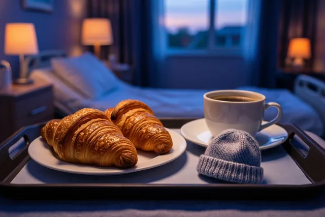 Een ontbijtplateau met croissants, koffie en een klein gebreid babymutsje staat op een bed in een zacht verlichte kraamkamer.