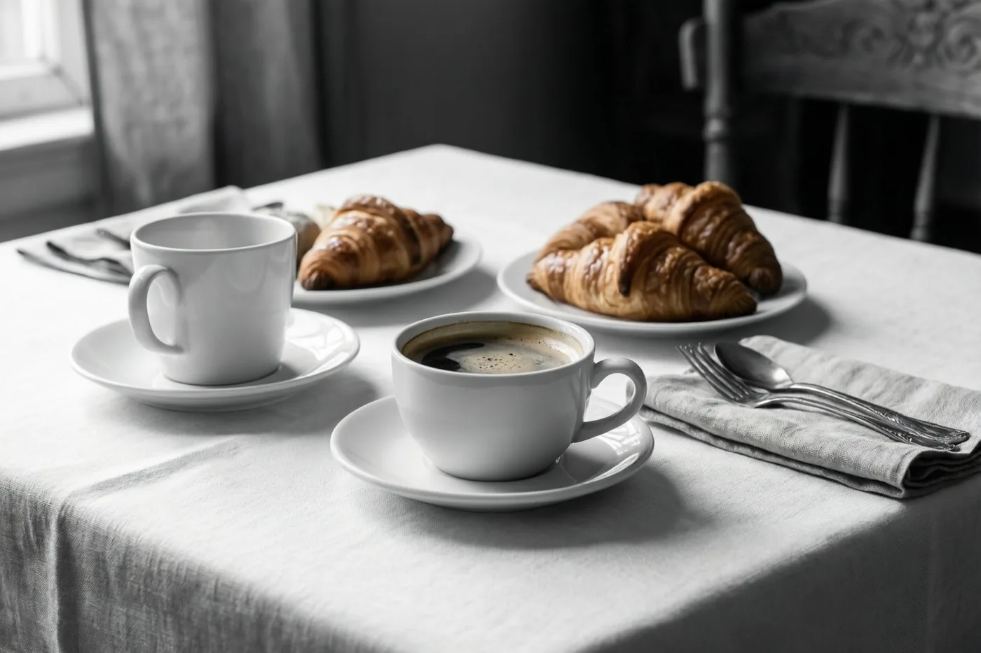 Een ontbijttafel met koffiekopjes, croissants en linnen servetten staat in zacht ochtendlicht, in een monochroom beeld met subtiele kleuraccenten op de croissants.