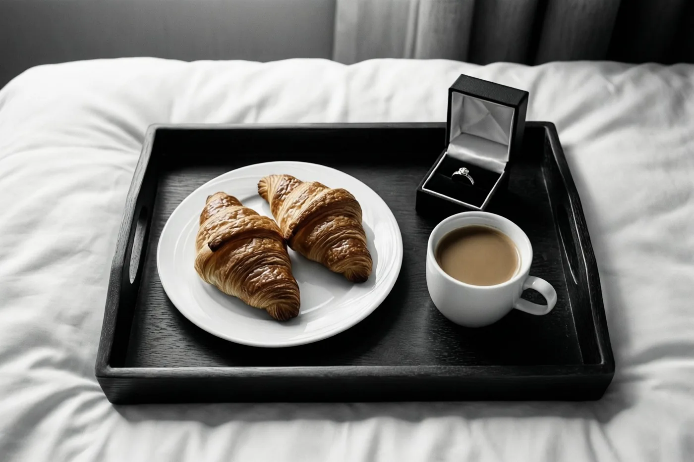 Een zwart dienblad met twee goudbruine croissants op een wit bord, een witte koffiekop en een open zwart ringdoosje staat op een witte bedsprei, waarbij alleen de croissants en koffie in kleur zijn weergegeven.