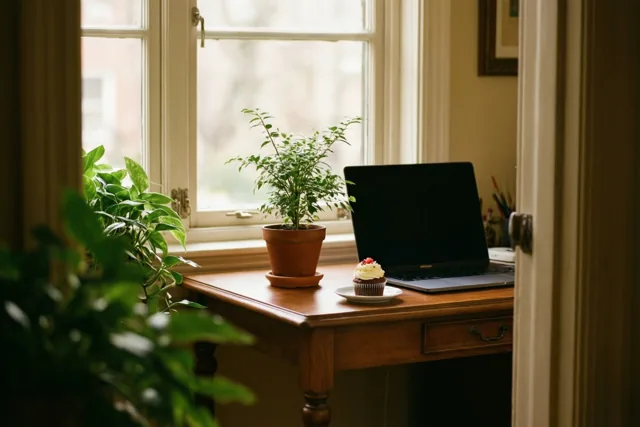 Op een houten bureau bij een raam staan een plantje in een pot, een cupcake op een bordje en een gesloten laptop in warm daglicht.