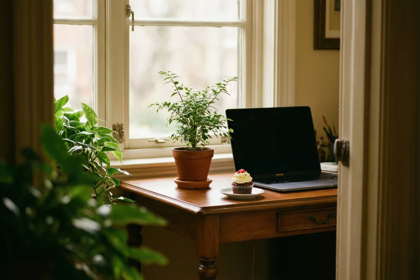 Op een houten bureau bij een raam staan een plantje in een pot, een cupcake op een bordje en een gesloten laptop in warm daglicht.