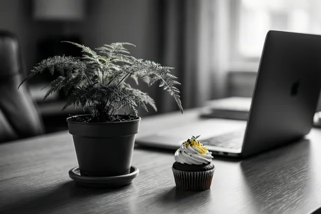 Een zwart-witfoto toont een kleine varen in een pot en een chocoladecupcake met glazuur op een houten bureau naast een open laptop.