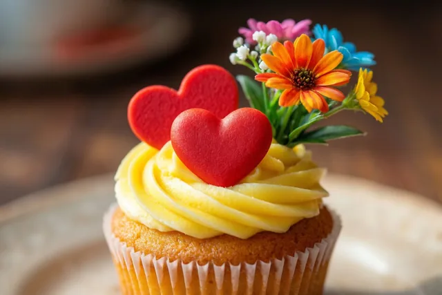 Een cupcake met geel glazuur, twee rode hartjes en een klein kleurrijk boeketje is van dichtbij te zien tegen een onscherpe achtergrond.