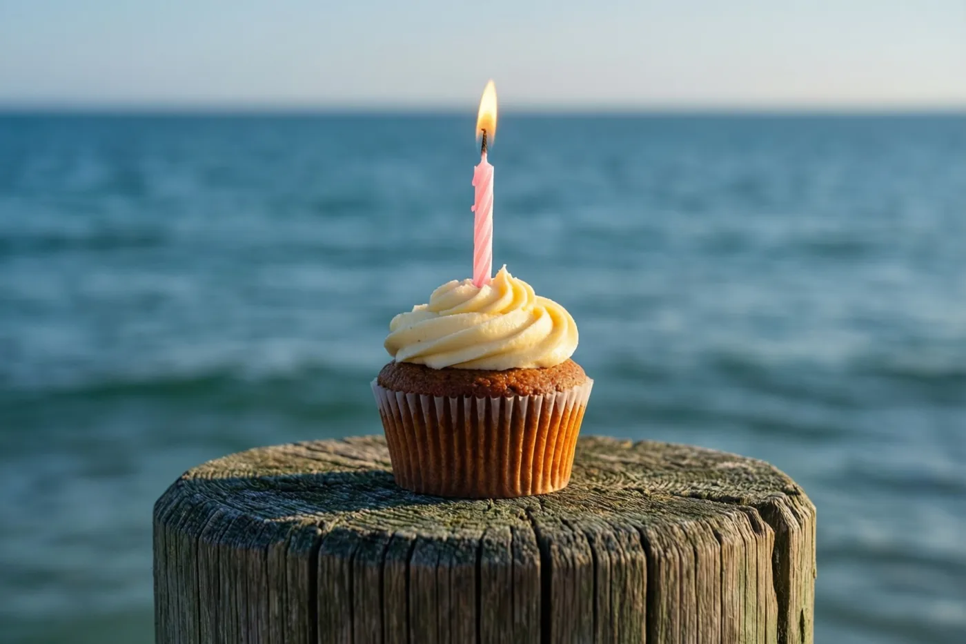 Een cupcake met één brandende kaars staat op een verweerde houten paal van een pier, met de zee erachter in zacht natuurlijk licht.