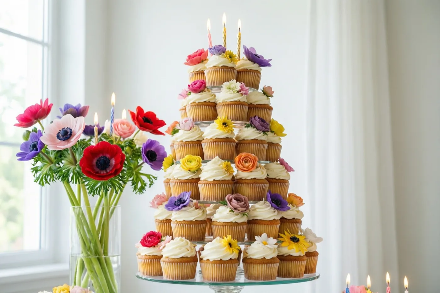 Een glazen etagère draagt cupcakes met wit glazuur, kleurrijke eetbare bloemen en brandende kaarsjes bovenaan, naast een doorzichtige vaas rode, roze en paarse anemonen voor een licht raam met witte gordijnen.