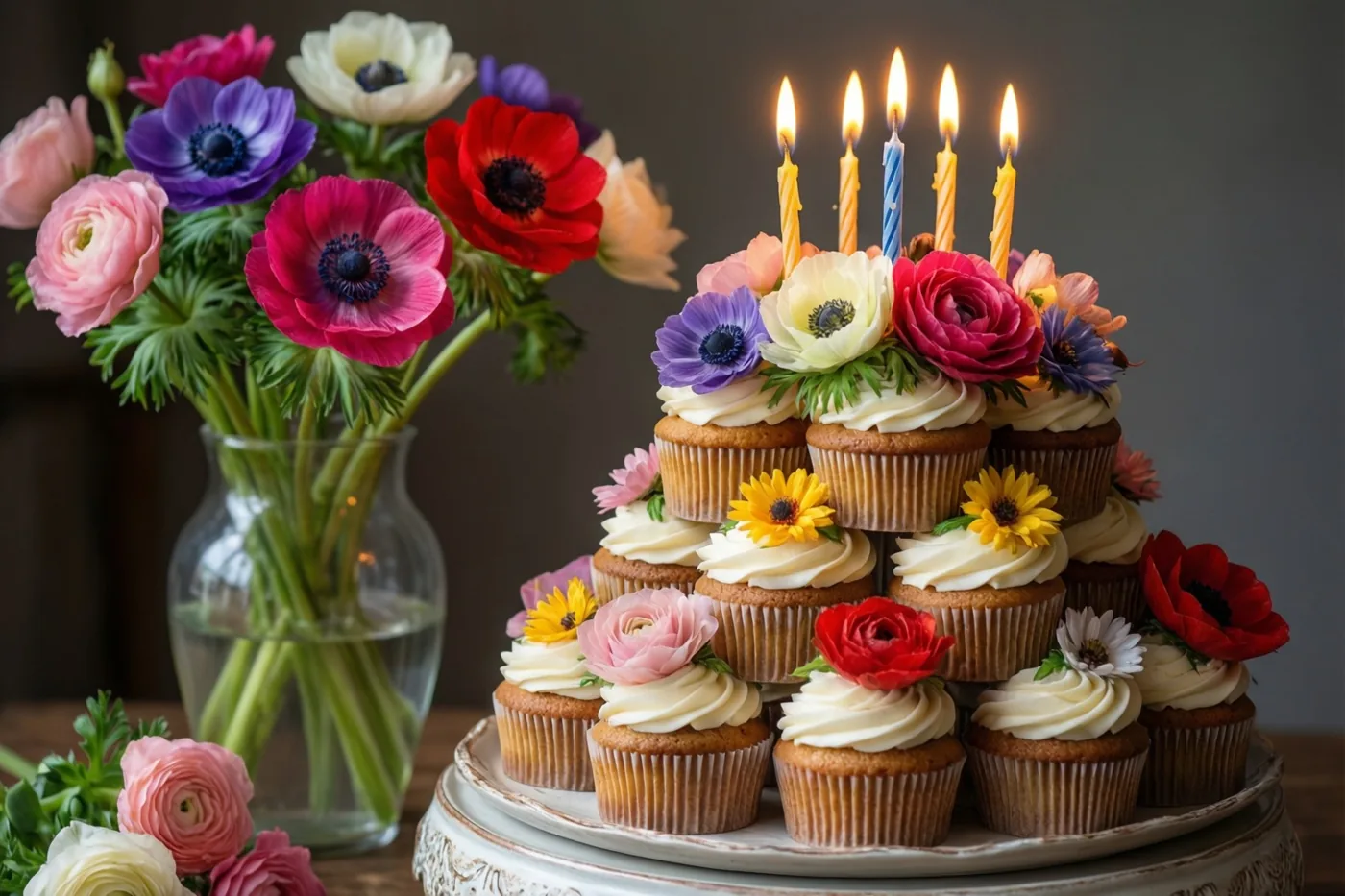 Een toren van cupcakes met brandende kaarsjes en eetbare bloemen staat op een houten oppervlak naast een vaas verse anemonen, tegen een donkere achtergrond.