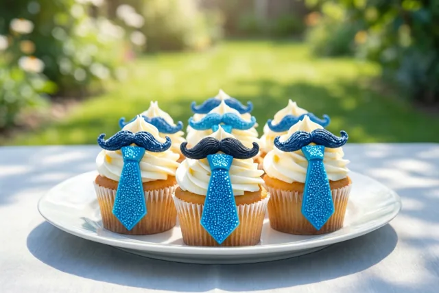 Een bord cupcakes met blauwe suikerdasjes en snorren staat op een wit tafelkleed in een zonnige tuin.