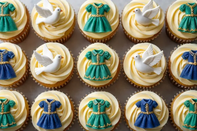 Vanillecupcakes met toefjes crèmekleurige glazuur en kleine doopkleedjes of witte duifjes van suiker staan in een regelmatig patroon tegen een neutrale achtergrond.