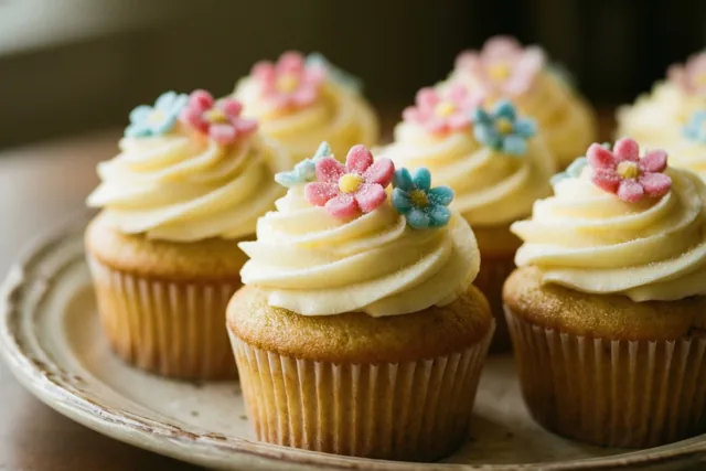 Een close-up toont cupcakes op een bord met romig glazuur en kleine suikerbloemen in zacht, warm licht.