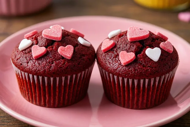 Twee redvelvetcupcakes met roze en witte suikerhartjes staan naast elkaar op een roze porseleinen bord op een houten ondergrond in warm licht.
