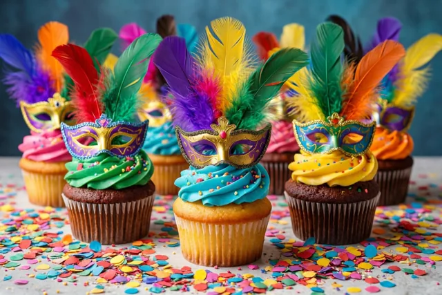 Een rij cupcakes met gekleurde topping, suikerveren en kleine suikermaskers staat op een tafel met confetti tegen een donkerblauwe achtergrond.