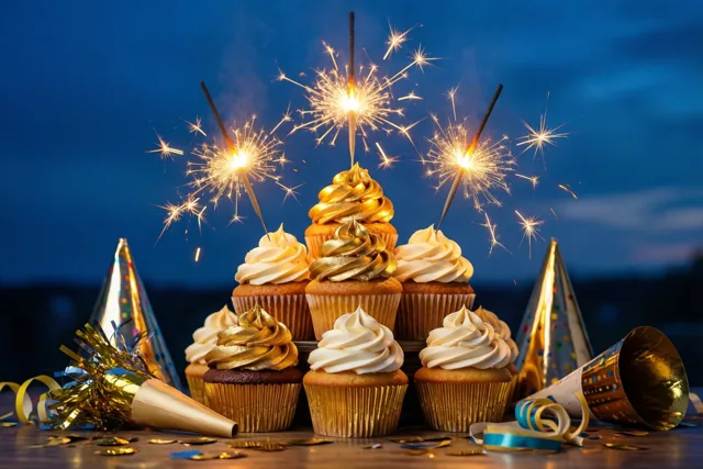 Een toren cupcakes met goudkleurig en wit glazuur en brandende sterretjes staat op een houten ondergrond tussen feesttoeters en slingers tegen een donkerblauwe schemerhemel.