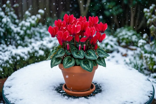 Een terracotta pot met felrode cyclamen staat op een besneeuwde tuintafel, met vallende sneeuw en groen op de achtergrond.