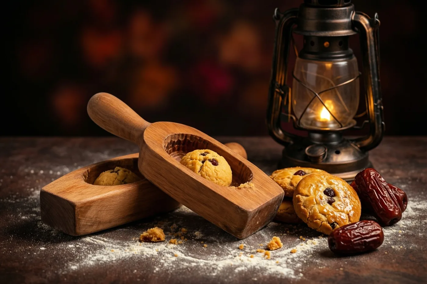 Houten maamoulvormen met pas gevormde dadelkoekjes liggen op een donkere tafel met bloem in het licht van een brandende maansikkellantaarn.