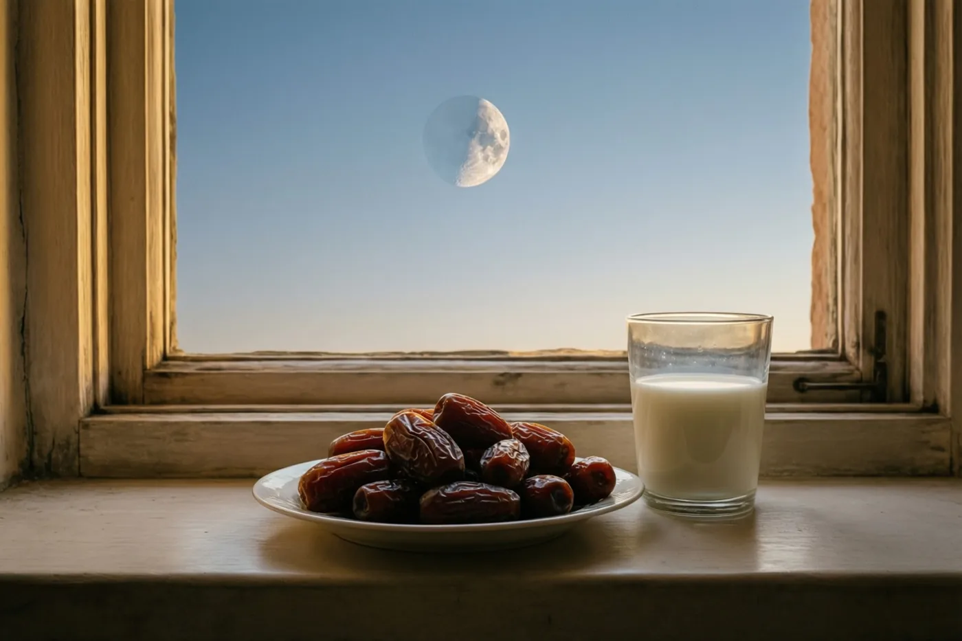 Een bord dadels en een glas melk staan in warm licht op een vensterbank, met een dunne maansikkel aan de helderblauwe hemel buiten.