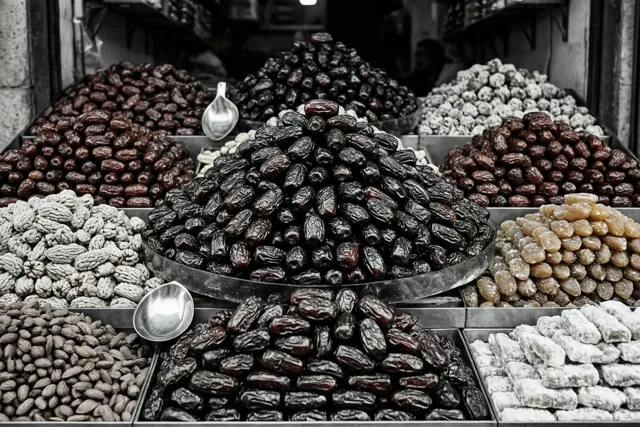 Een marktkraam toont donkere dadels, noten en gesuikerde zoetigheden in metalen schalen, met bruine en witte tinten tegen een grotendeels kleurloze achtergrond.
