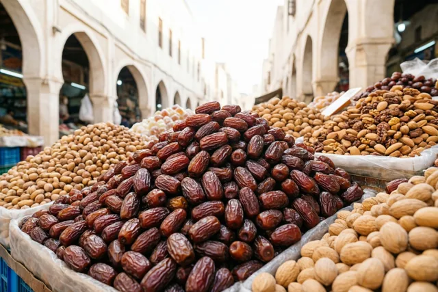 Een marktkraam ligt vol glanzende donkere dadels, lichtbruine walnoten en andere noten, met stenen gebouwen met bogen op de achtergrond.
