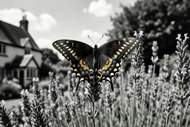 Een dagpauwoog rust met open vleugels op een lavendelaar in een zonnige landelijke tuin, in een zwart-wit beeld waarin alleen zijn oranje en gele tekening kleur heeft.