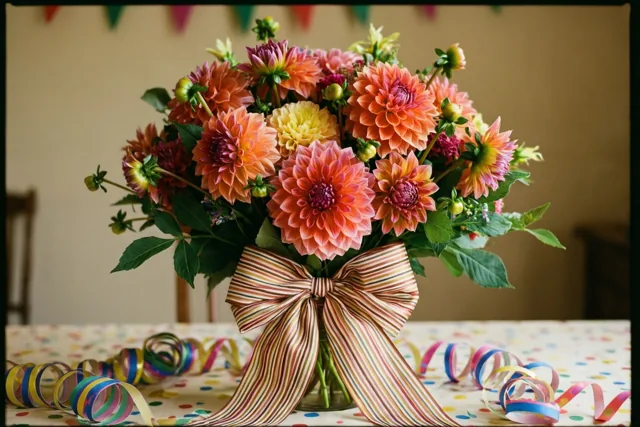 Een kleurrijk boeket dahlia's met een grote gestreepte strik staat op een tafel met een stippenkleed en serpentines, met onscherpe gekleurde vlaggetjes op de achtergrond.