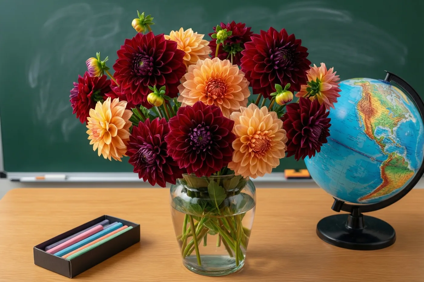 Rode en oranje dahlia’s staan in een heldere glazen vaas op een houten bureau, naast een wereldbol en een doos gekleurd krijt voor een groen schoolbord.