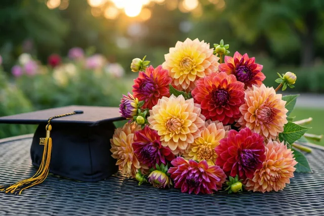 Een boeket dahlia's in warme nazomertinten staat naast een zwarte afstudeerhoed op een donkere metalen tuintafel, in goudkleurig schemerlicht met een wazige groene tuin erachter.