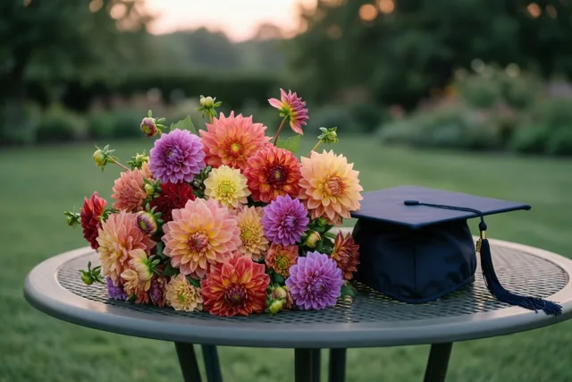 Een boeket dahlia's in nazomertinten staat naast een afstudeerhoed op een metalen tuintafel op een gazon, met wazige bomen op de achtergrond bij schemering.