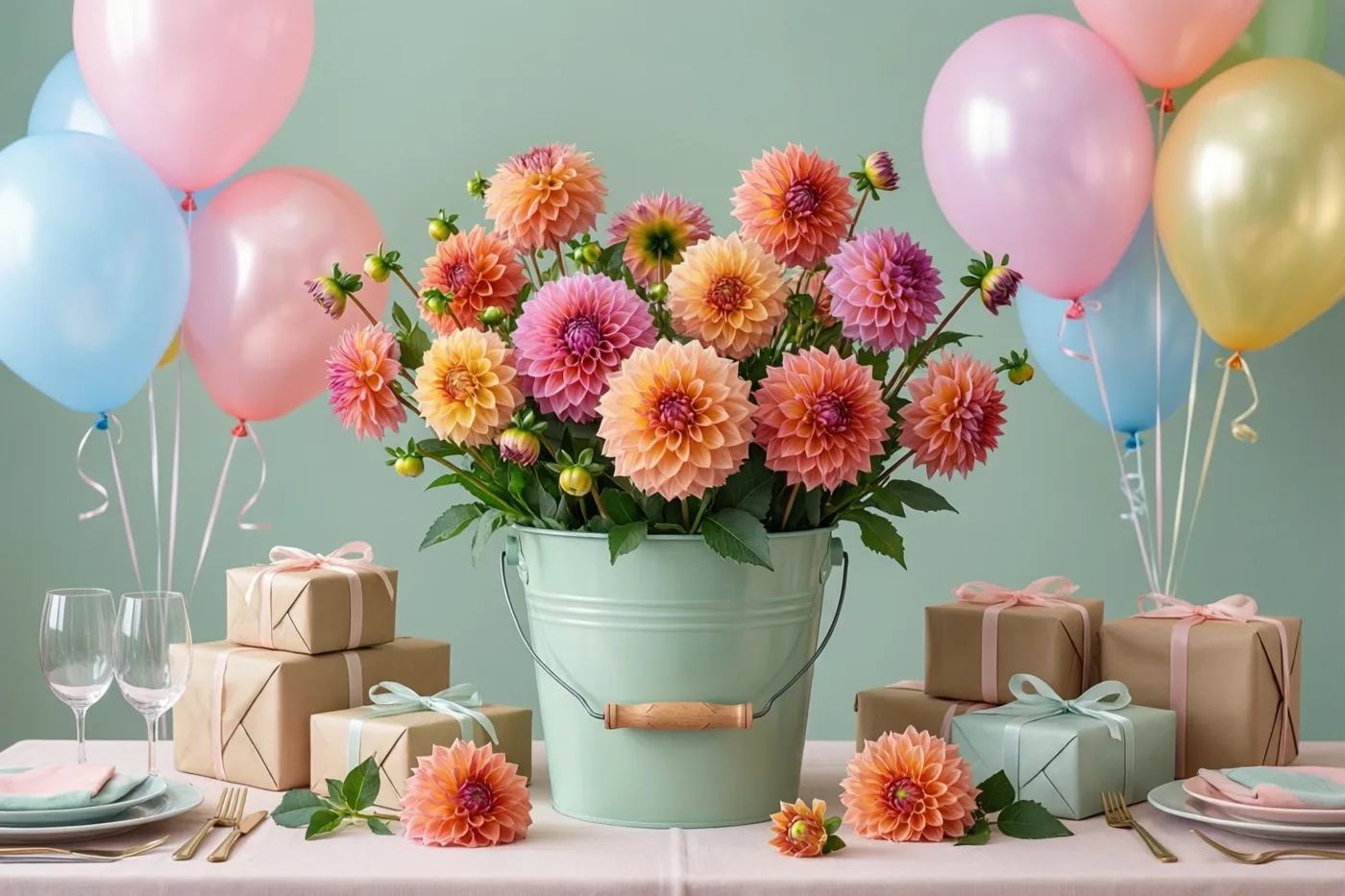 Een lichtgroene emmer met kleurrijke dahlia's staat op een feesttafel tussen ingepakte cadeaus, wijnglazen en zwevende ballonnen, tegen een zachtgroene muur met roze, perzikkleurige en blauwe pasteltinten.