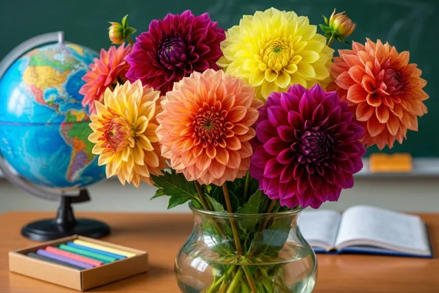 Een boeket dahlia’s in een glazen vaas staat op een houten bureau naast een wereldbol, een doos krijt en een open boek, voor een groen schoolbord.