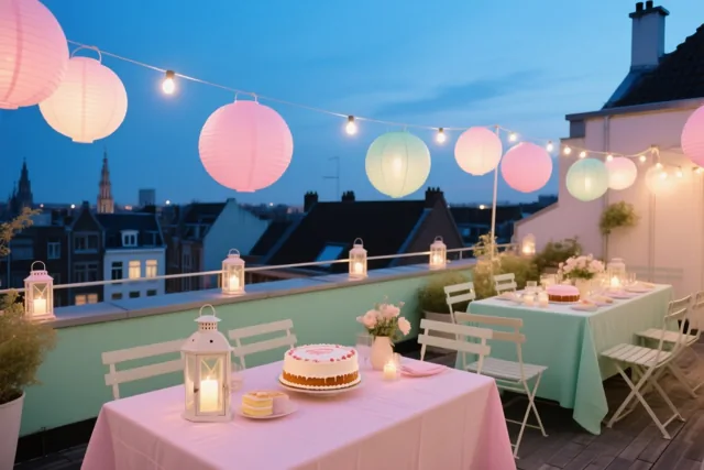 Een dakterras met lichtslingers, papieren lampionnen en tafels met taarten en kaarsen baadt in roze en mintgroen licht onder een schemerhemel.