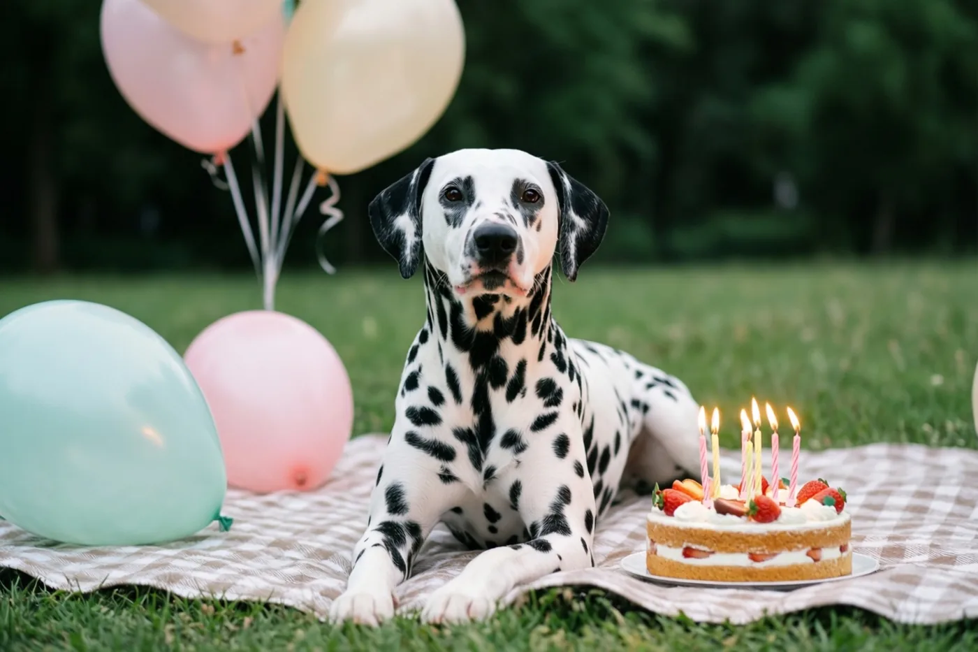 Een dalmatiër ligt op een geruit picknickdeken in het gras naast een klein taartje met brandende kaarsjes, met kleurrijke ballonnen en een onscherpe groene achtergrond.