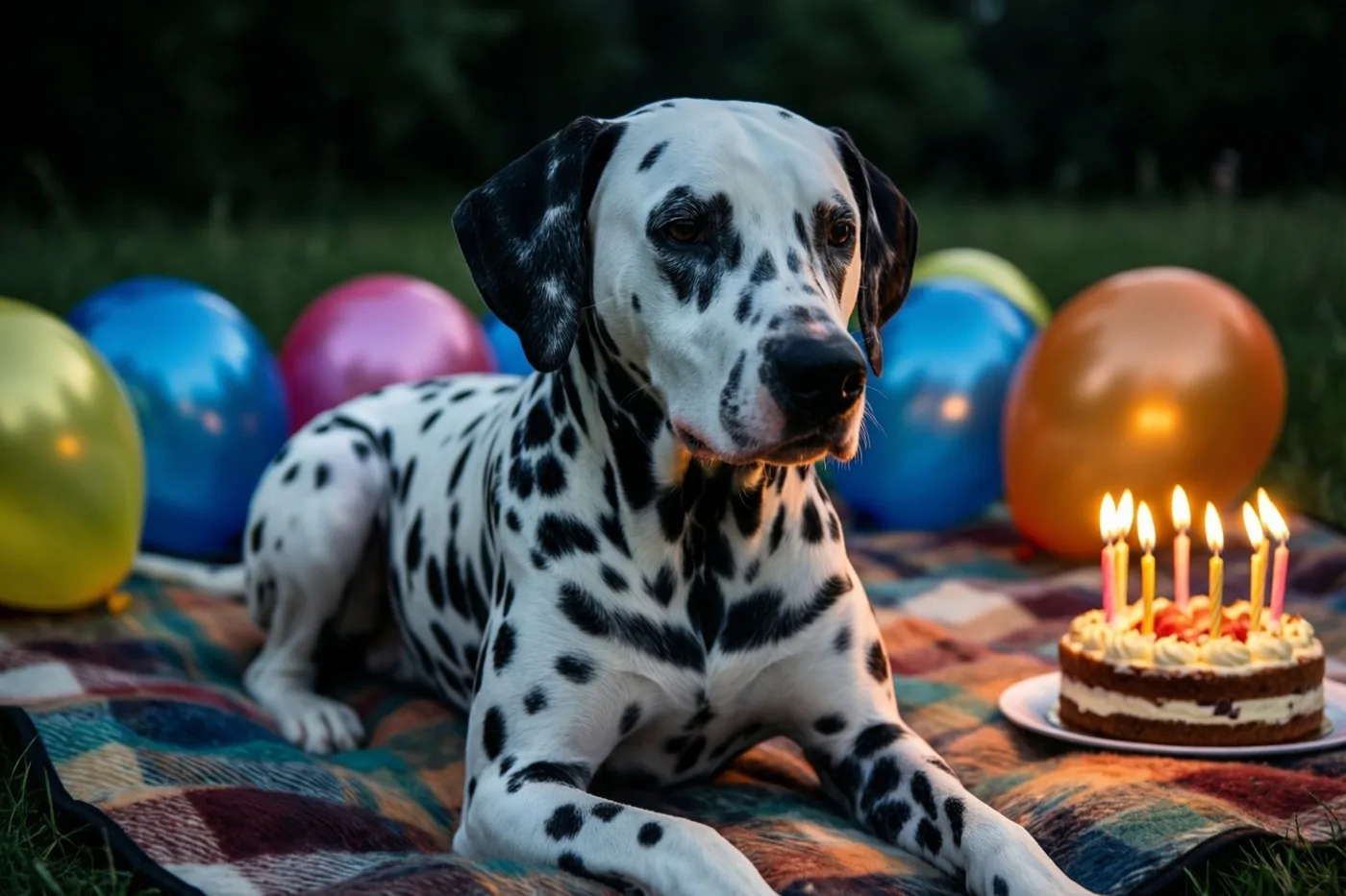 Een dalmatiër ligt buiten op een kleurrijk geruit picknickdeken naast een verjaardagstaart met brandende kaarsjes, met kleurrijke ballonnen op de achtergrond.
