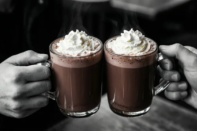 Twee handen klinken mokken dampende chocolademelk met slagroom tegen elkaar in een grotendeels zwart-witbeeld waarin de bruine drank en de room opvallen.