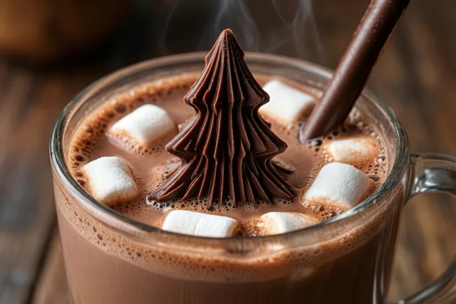 Een dampende mok chocolademelk met marshmallows en een roerstaafje in de vorm van een chocolade kerstboom staat op een warm verlicht houten oppervlak.