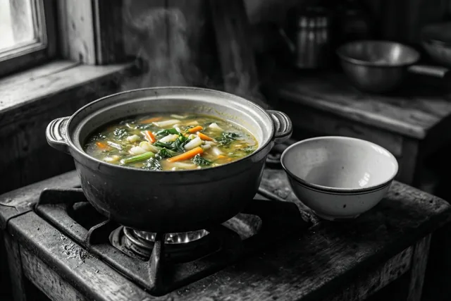 Een dampende pot groentesoep staat op een oud fornuis met een grote en een kleine kom ernaast, in een rustieke keuken met houten oppervlakken en een raam.