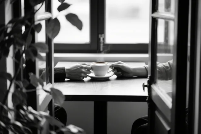 Op deze zwart-witfoto houden twee handen samen een dampende koffiekop vast boven een houten tafel, gezien door een raam met bladeren op de voorgrond.